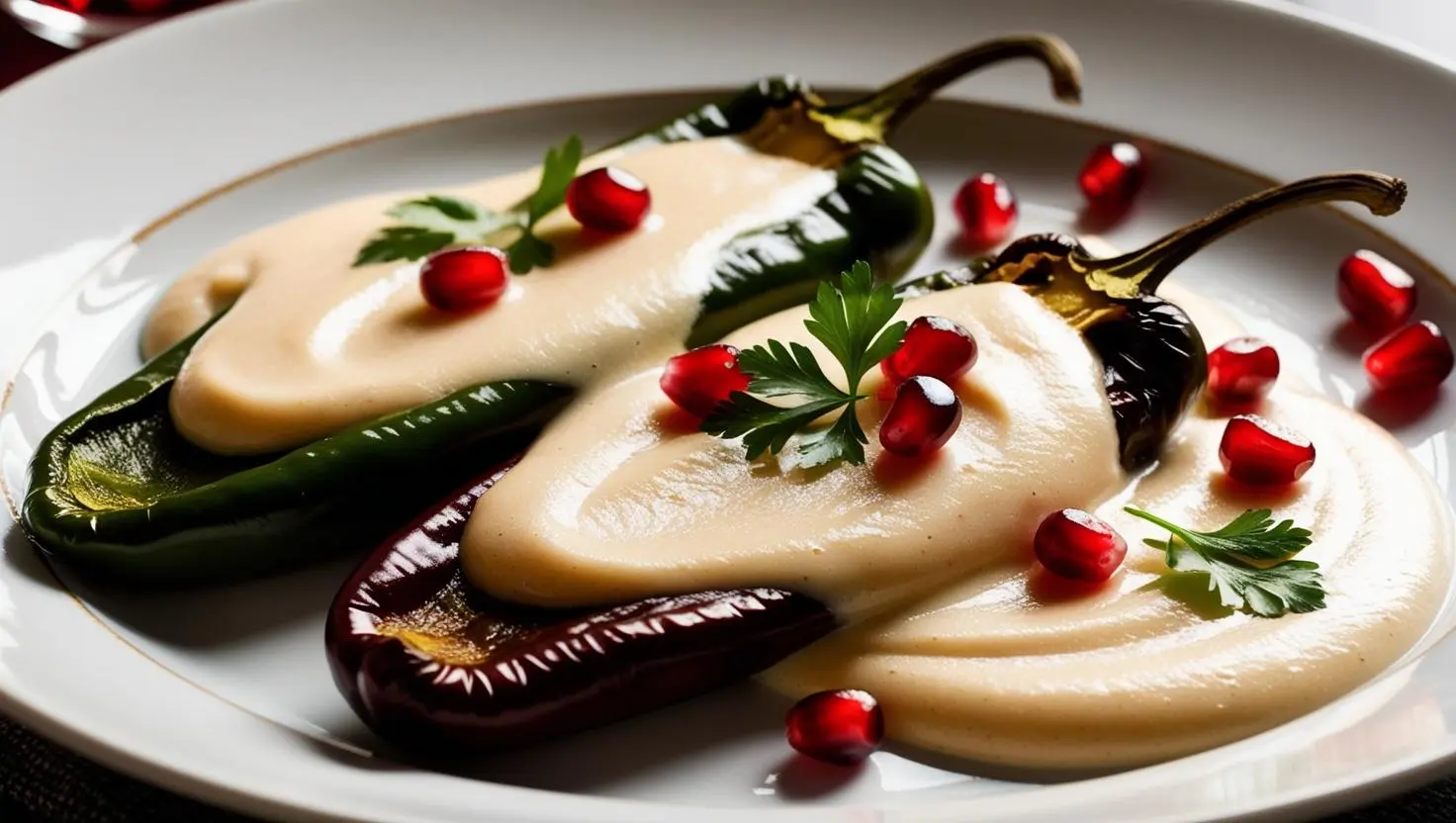 Authentic Chiles en Nogada dish with stuffed poblano peppers, creamy walnut sauce, and pomegranate seeds, served on a traditional Mexican plate.